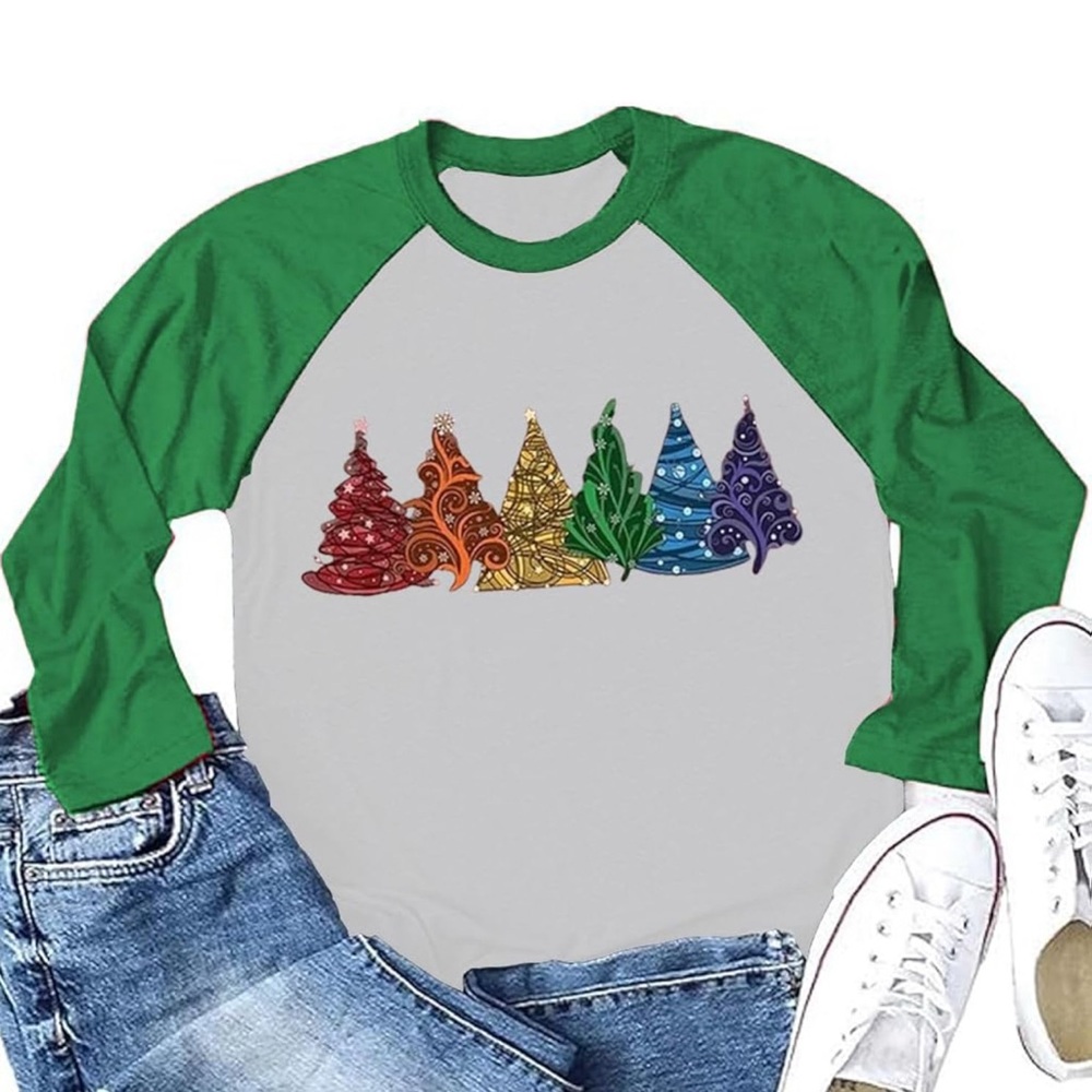 Merry Christmas T-Shirt Women Leopard Plaid 3/4